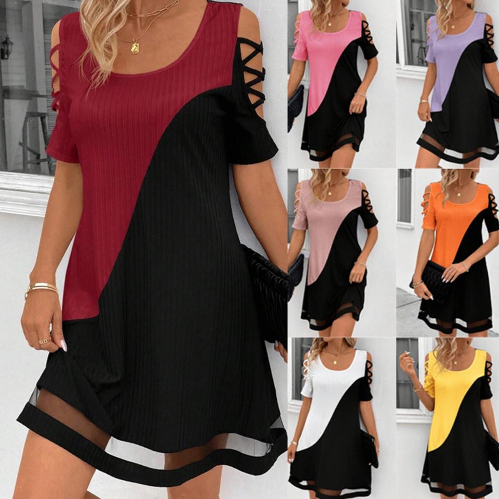 Women's U Neck Short Sleeve Loose Fit Color Block Cut Out Mesh Hem Mini Dress Casual Tunic Dress