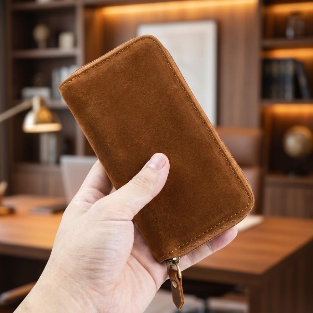 Strato Superiore di Pelle di Mucca Custodia per Penne in Pelle di Mucca Chiusura a Zip Porta Carte Pochette per Penne Grande Capacità 3 Scomparti Borsa per Penne in Pelle di Mucca