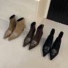2025 French Suede Splicing Pointed Thick High-heeled Short Boots Women's Autumn and Winter New Fashionable Versatile Rear Zipper Short Boots