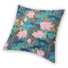 Lotus Flowers Pink Navy Square Pillowcase Polyester Linen Velvet Printed Zip Decor Pillow Case Room Cushion Cover