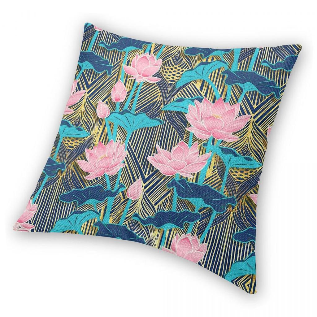 Lotus Flowers Pink Navy Square Pillowcase Polyester Linen Velvet Printed Zip Decor Pillow Case Room Cushion Cover