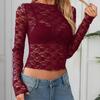 Damski koronkowy siateczkowy crop top z długim rękawem
