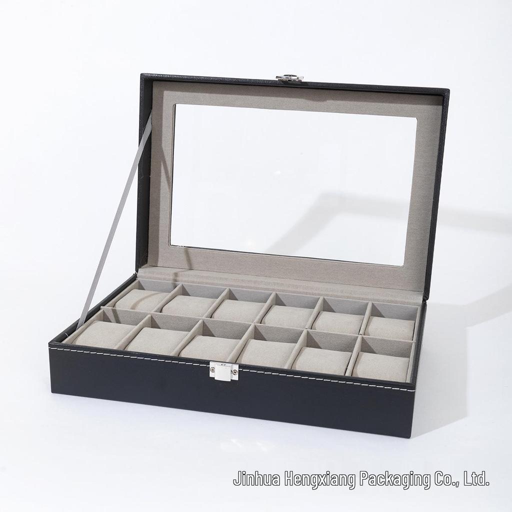 Schwarze Leder-Uhrenaufbewahrungsbox mit 12 Fächern und Perforationsmuster
