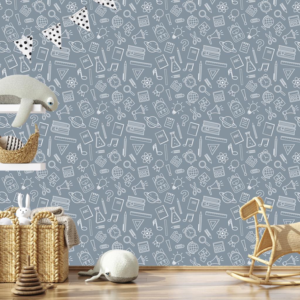 Wallpaper School Supplies Blue and Light Gray 50x1000