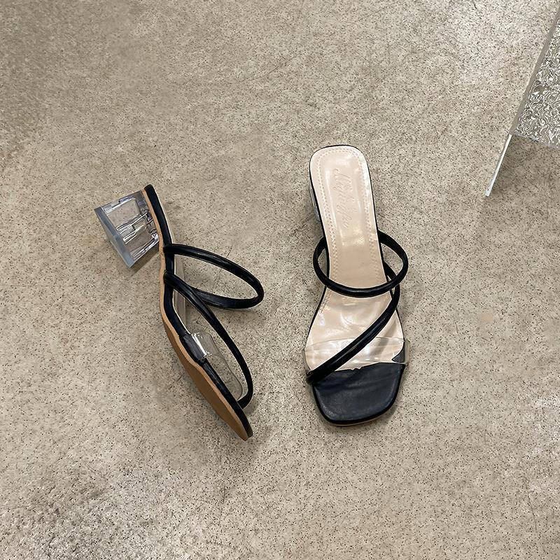 Coarse heel one-word drag women's outer wear fashion spring and summer 2025 new transparent crystal high heels temperament fairy style