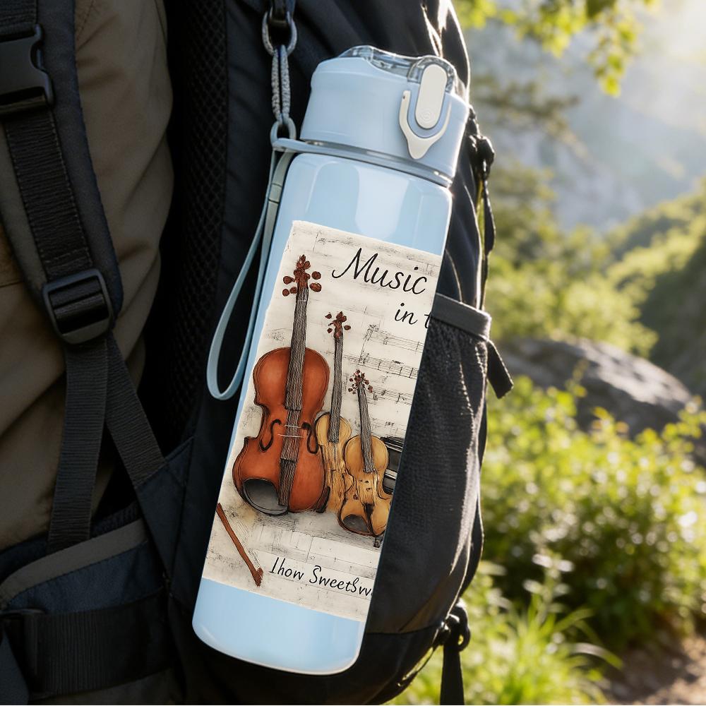 1PC Violin Cello Musical Sketch 750ml Color Plastic Sports Water Bottle Leakproof Flip Straw Lid For Sports Office Home Use