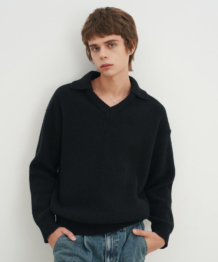 BLOND9 Open Collar V-Neck Knit_Black