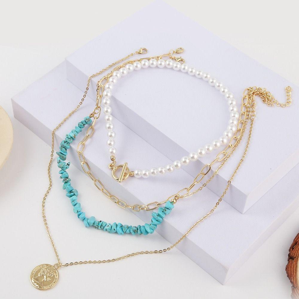 Metal Pendant Pearl Beaded Necklace Elegant Multilayer Necklaces Colored Stone Necklace  Women