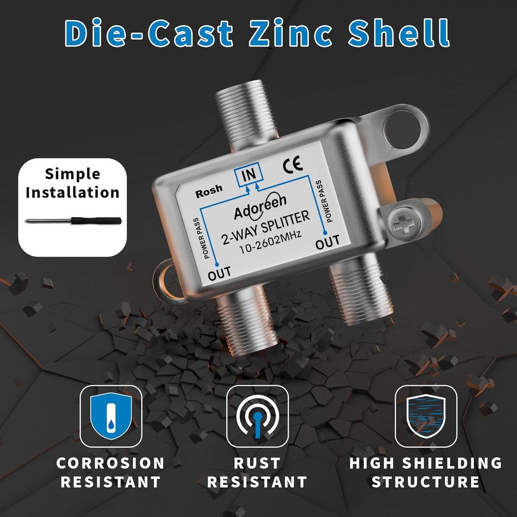 Adoreen 2-Way Coaxial Cable Splitter, 10-2602MHz Mini Bi-Directional Digital Signal RG6/RG59 Coax Indoor&Outdoor for CATV, Satellite, Antenna, MoCA,