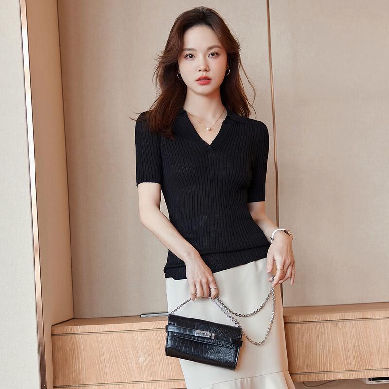 Women's Slim Fit Polo Knit Short Sleeve Top