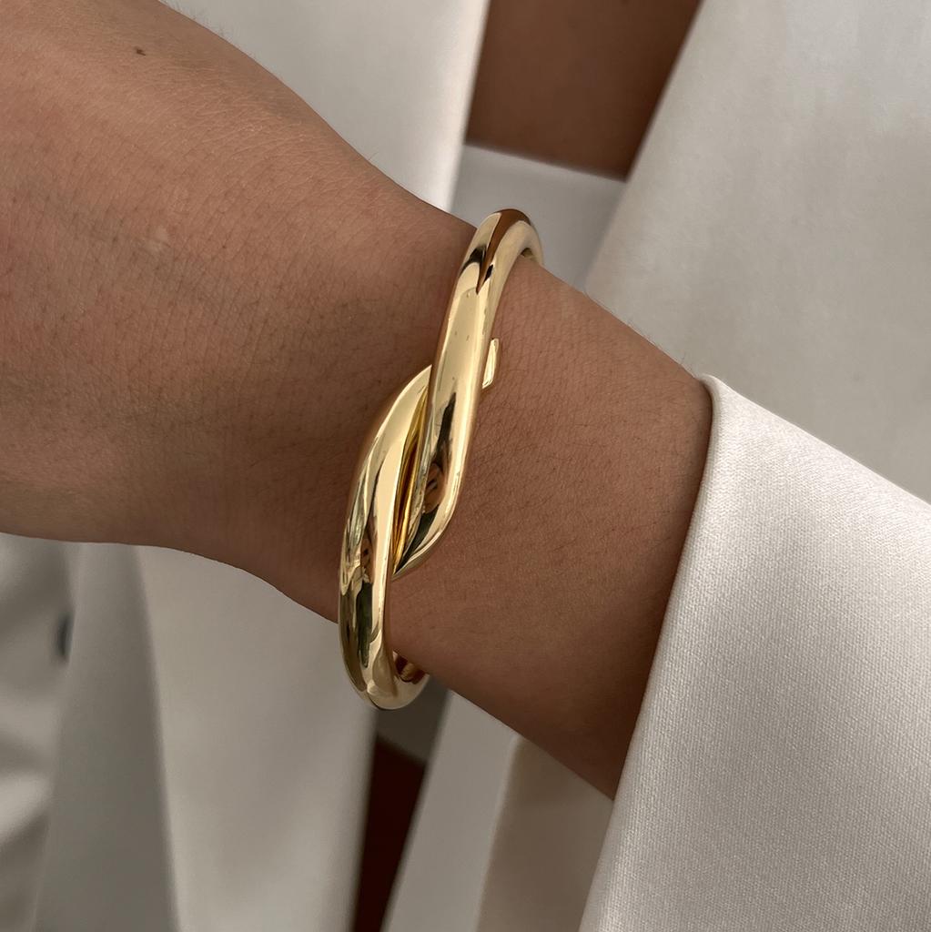 Ingemark Exaggerated Hip Hop Metal Scallop Knot Open Bangles Women Trend Vintage Gold Color Rhinestone Bracelet Men Jewelry