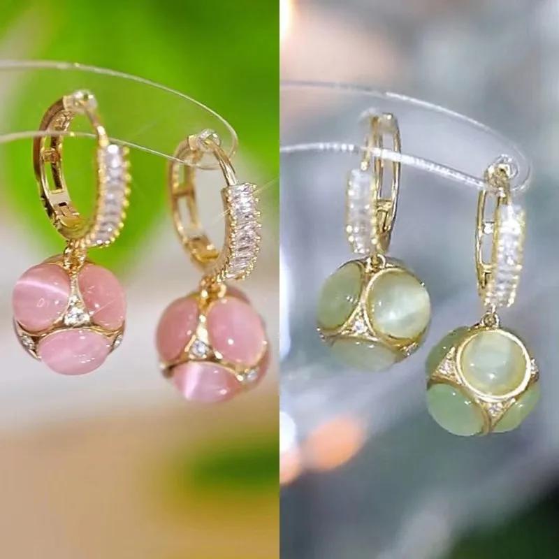 New Temperament Women's Earrings Light Luxury Drop Round Green Pink Niche Design High Sense Retro Party