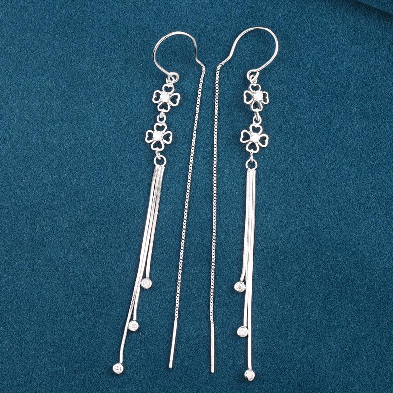 S925 Sterling Silver Long Tassel Four-Leaf Clover Earrings for Women - Korean Style Versatile Pendant 925 Silver