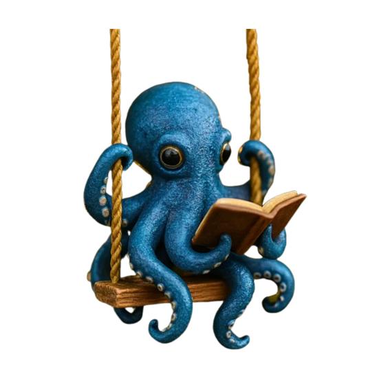 Blue Octopus Reading Christmas Ornament Festive Sea Creature Decorative Hanging Home Office Party Decor