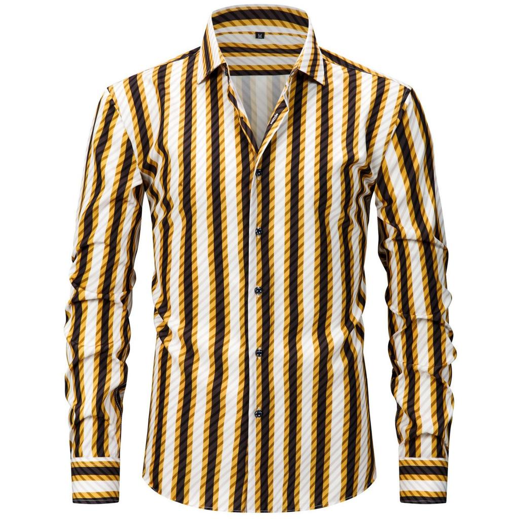 Herren Großgröße Elastisches Kariertes Gestreiftes Langarmhemd, Herren Digital Bedrucktes Hemd mit Leichtem Knopfverschluss und Eckkragen