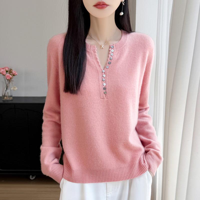 Autumn/Winter Women's Pure Wool V-neck Long Sleeve Multi-button Loose Sweater
