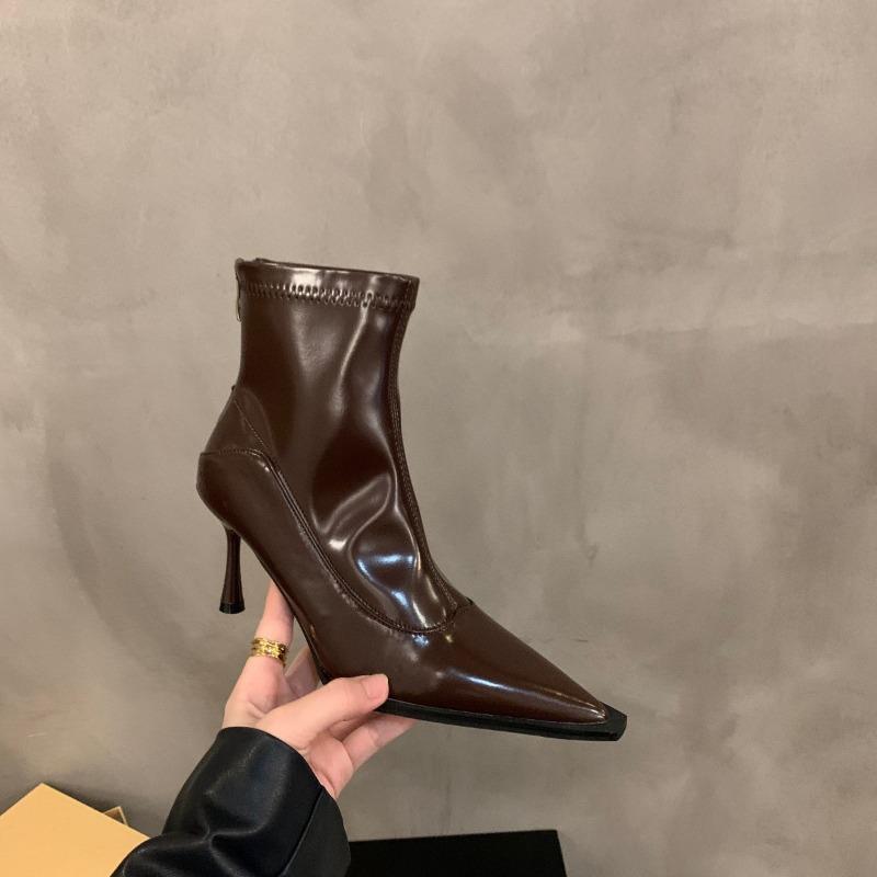 High heel pointed small short boots women's shoes new spring, autumn and winter velvet thin boots small ankle boots