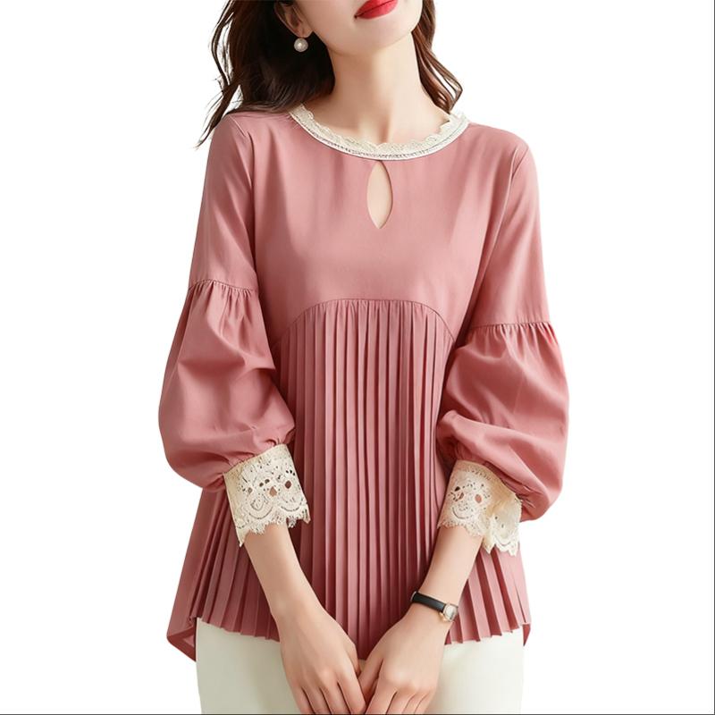 ZANZEA Women Casual Round Neck Lace Splice 3/4 Sleeve Blouse
