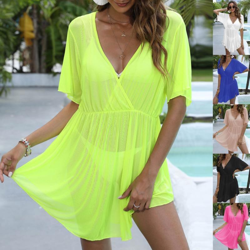 Women's See Through Mesh Deep V Irregular Waist Waist Beach Bikini Smock Dress