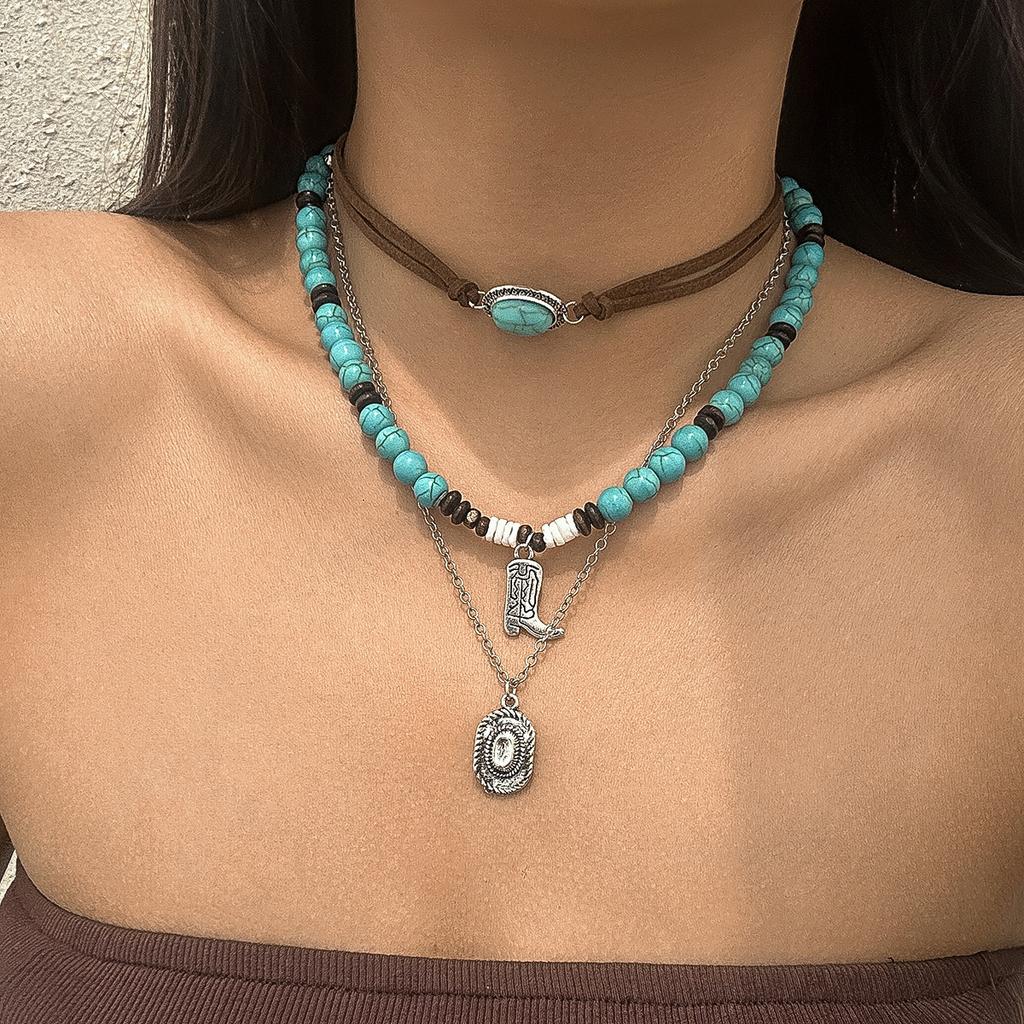 Jewelry Retro Imitation Turquoise Cow Head Collarbone Chain Beaded Necklace Set Ethnic Style Cactus Necklace Decoration