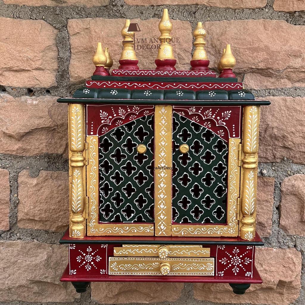 Hand-Painted Wooden Temple | Wall Mounted Pooja Home Mandir | Miniature Pooja Mandap | Rajasthani Art Shrine for Home Decor, Hindu Religion