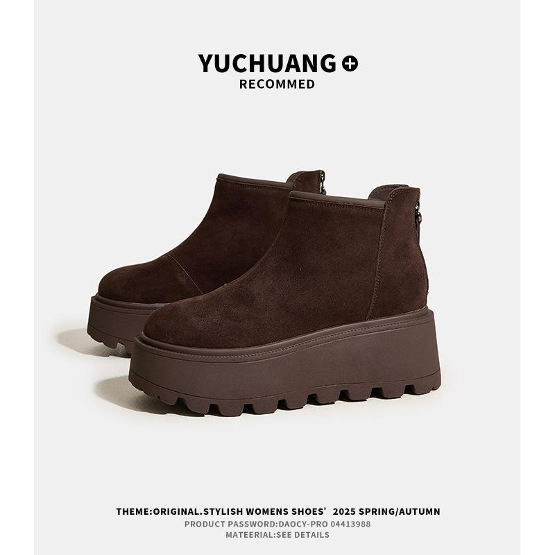Cattle suede thick-soled short boots women's early autumn matte leather inner height increase women's boots soft leather Martin boots spring thin