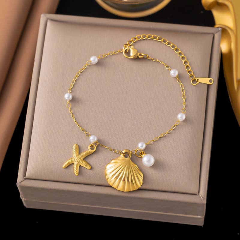 Stainless Steel Shell Pearl Starfish Drop Chain Bracelet Bangle for Women High Quality Jewelry Ocean Style Summer Accessories