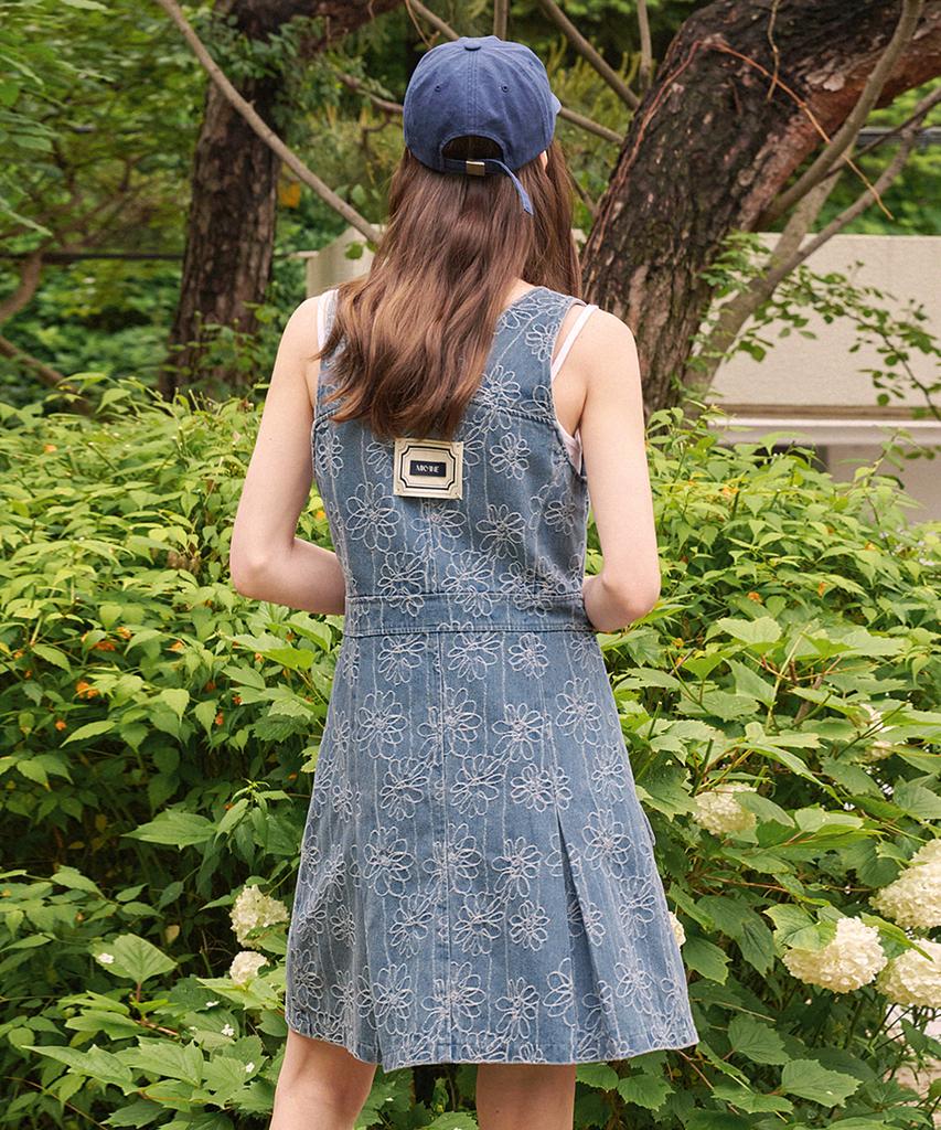 Micene Chicory Pleated Overall Denim Mini Dress