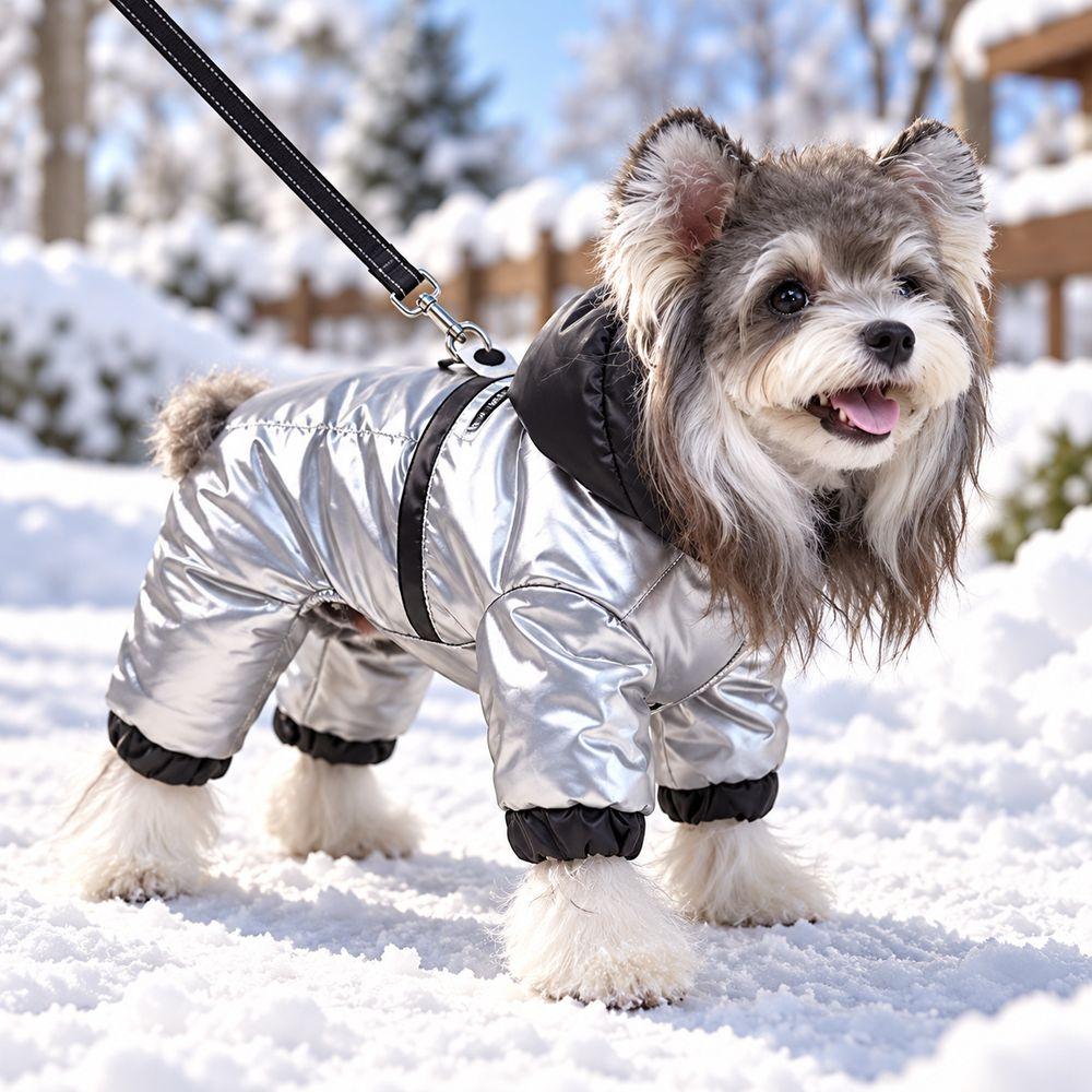 Glossy Finish Dog Winter Coat Padded Lining Leash Hole Warm Dog Jacket Hooded Zipper Closure Four-Legged Dog Costume