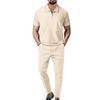 Men Spring Autumn New Solid Color Waffle Knit Collared Half Zip Polo Shirt Pants Set