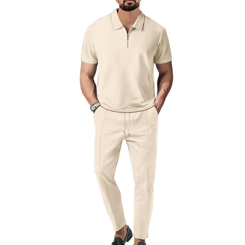 Men Spring Autumn New Solid Color Waffle Knit Collared Half Zip Polo Shirt Pants Set