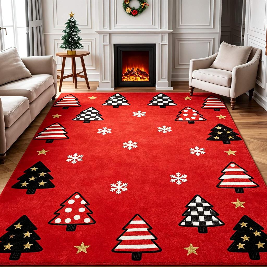 Trendy Christmas Reindeer Snowflake Plaid Print Rug Home Decor Floor Mat for Living Room Bedroom Holiday Party Decoration Carpet