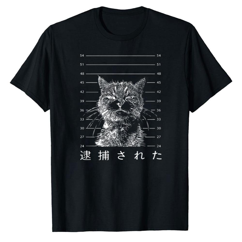 Mugshot Wanted Prison Cat Japanese Kanji Arrested Text Vintage Sketch Cotton Tshirt Funny Pet Meme Streetwear Unisex Casual Tee