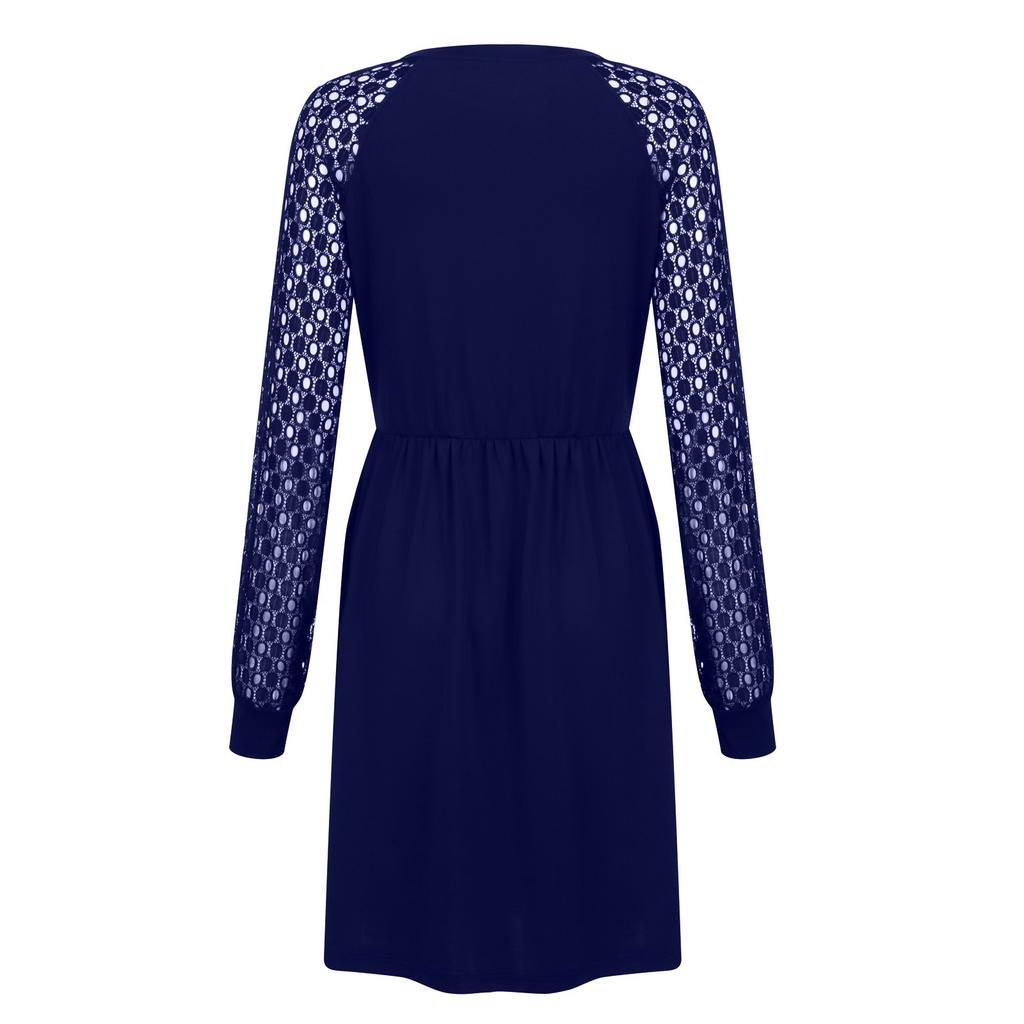 Dámské módní ležérní šaty s dlouhým rukávem, sexy kulatým výstřihem a krajkovým prošíváním