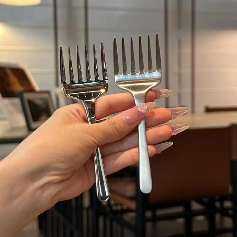 Creative Korean Single Handle Six-tooth Stainless Steel Dessert Fork Fruit Fork Portable 304 Stainless Steel Cake Fork