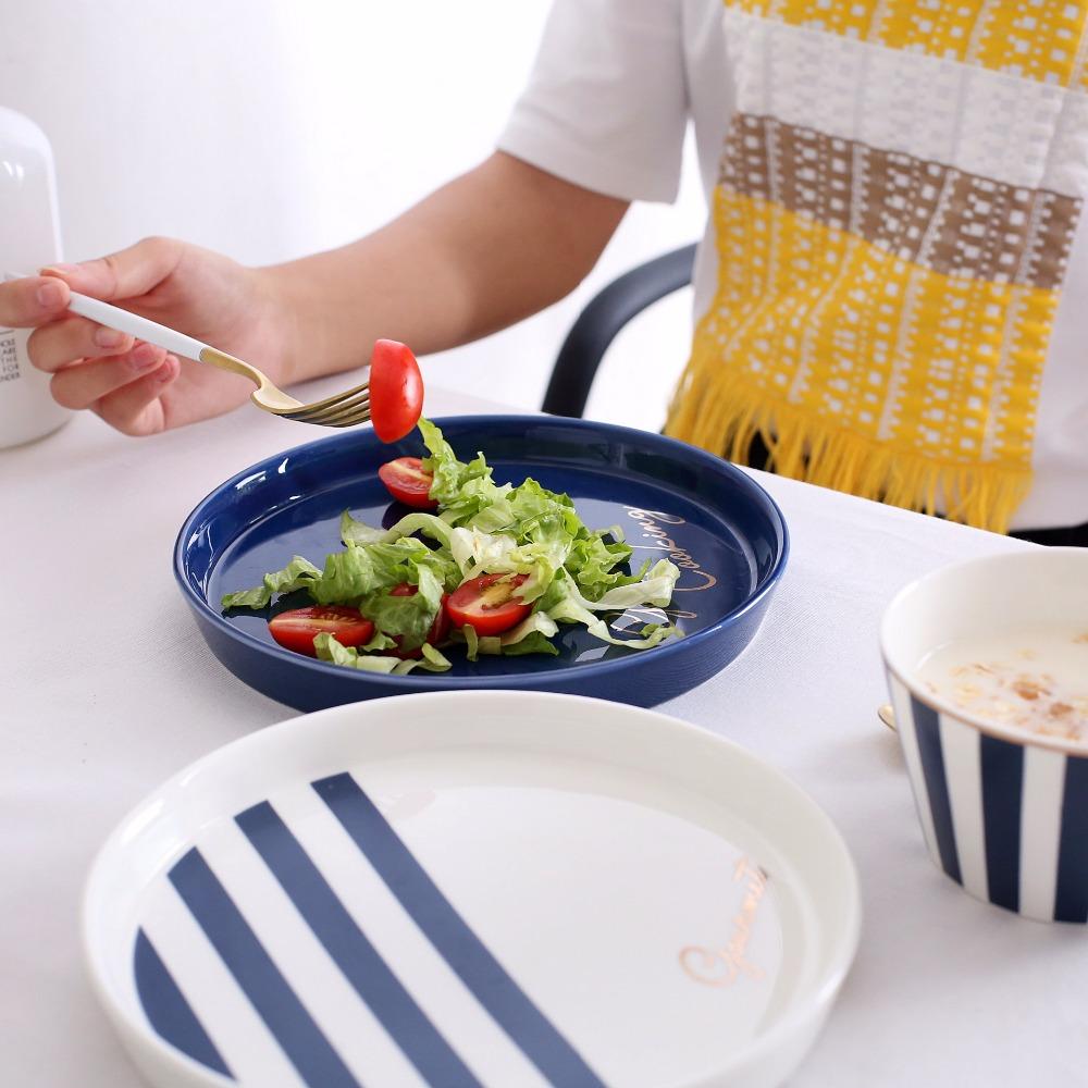 1pc European Style Salad Plate Blue Ceramic Dinner Dishes Gold-rimmed Dinnerware Pasta Rice Plate Dish 8 inch