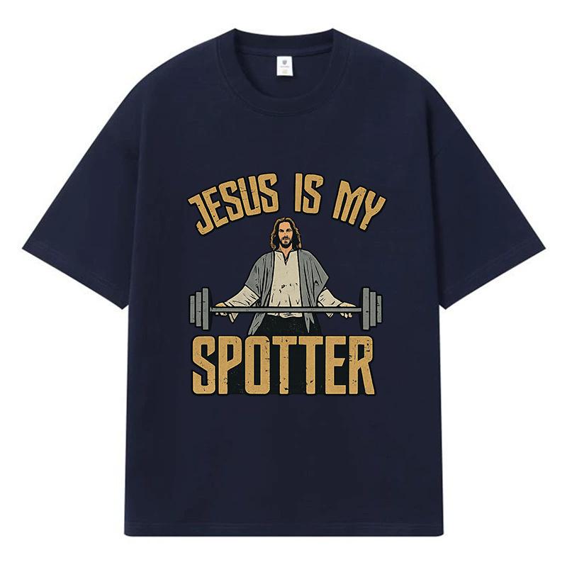 2026 Jesus Is My Spotter Printed Graphic Y2k Harajuku Streetwear 100% Cotton T Shirt Casual Oversized Summer Men T-shirt