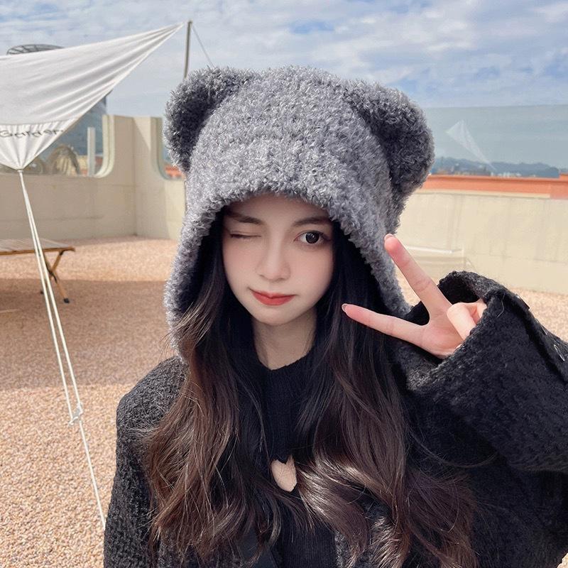 Cute Bear Ear Wool Hat Winter Beanies Warm LaceUp Ear Protection