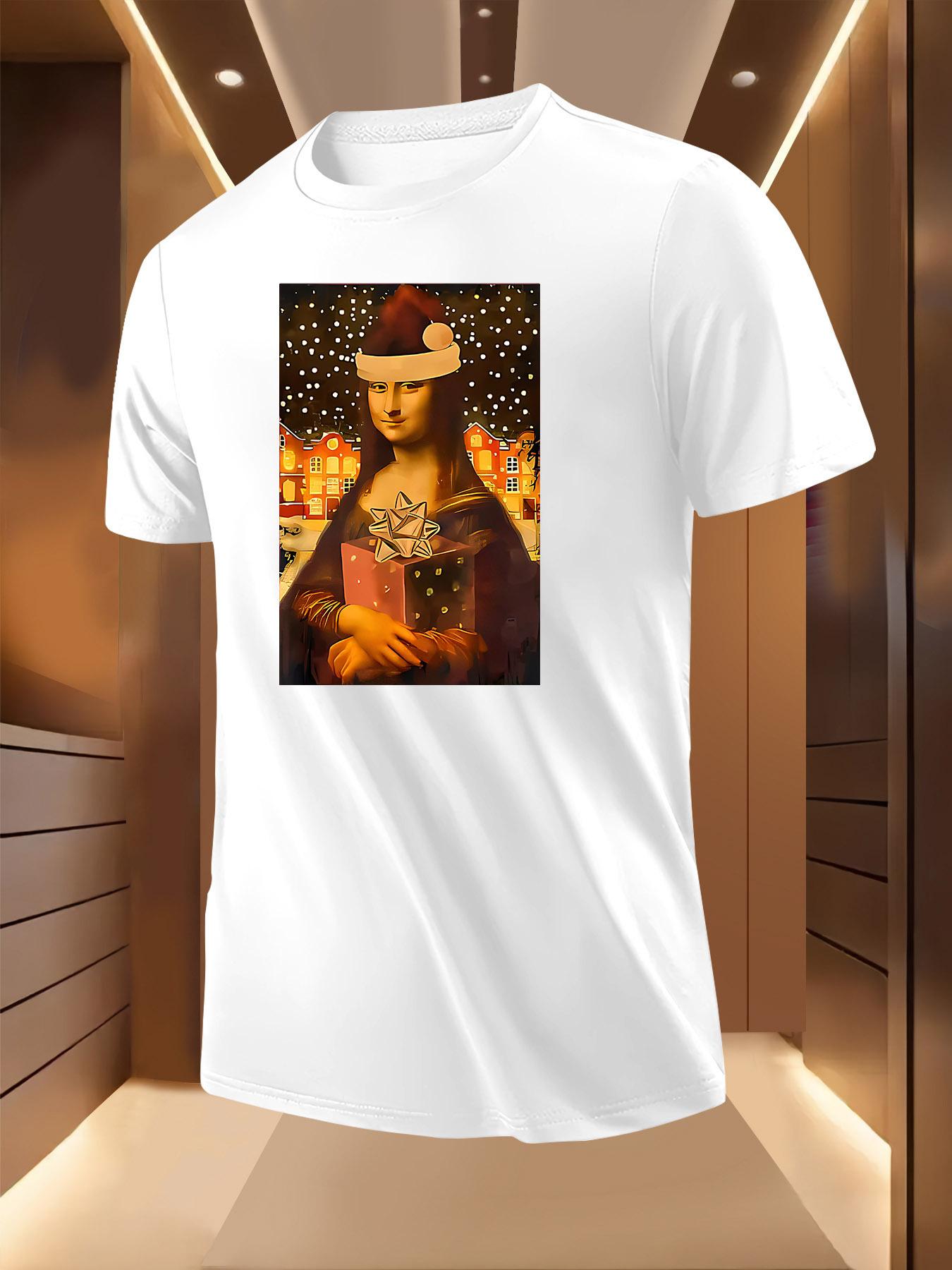 Christmas Mona Lisa Santa Hat Graphic Tshirt - Lightweigh... XXXXL