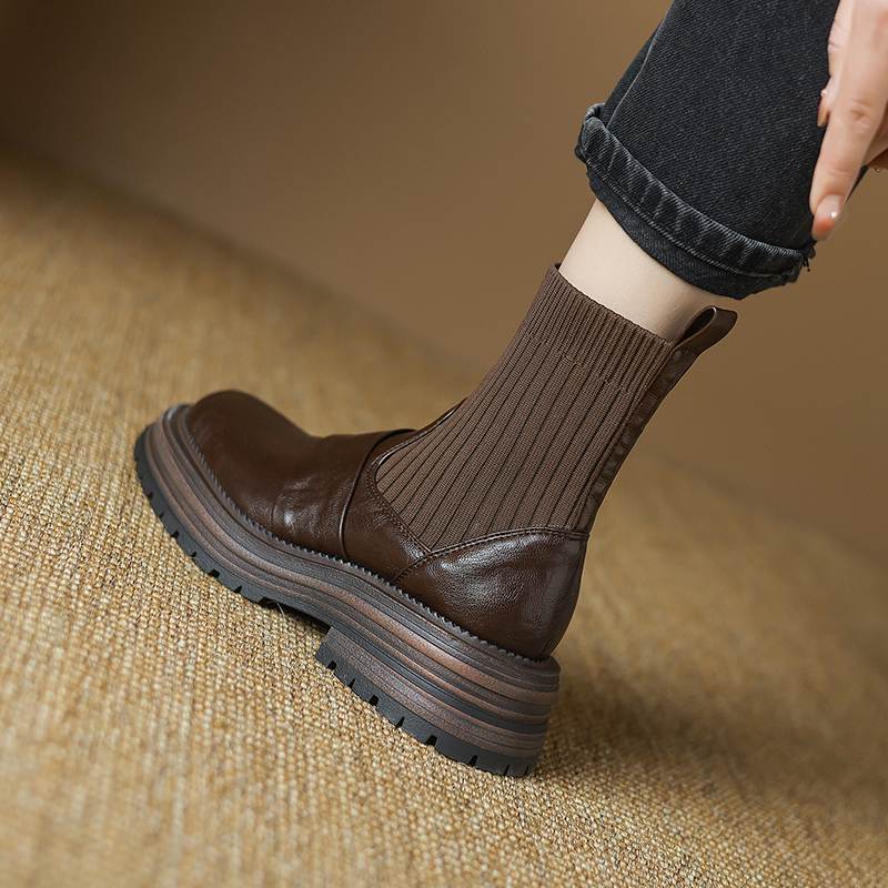 Krazing Pot Microfiber Autumn Winter Shoes Thick High Heels Flat Platform Size 43 Motorcycle Boots Knitwear Ankle Boots