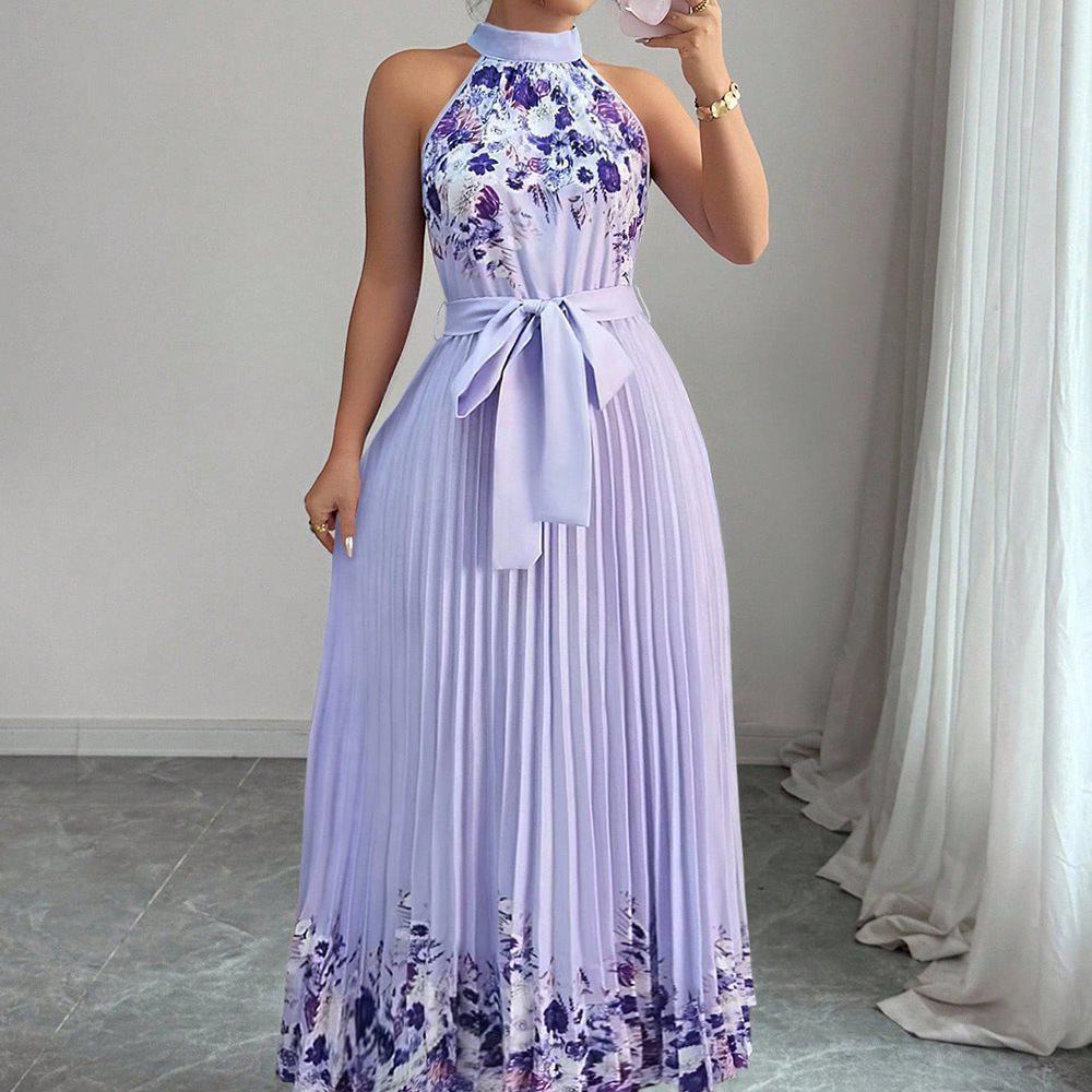 2025 European & American Style Women's Printed Pleated Long Dress