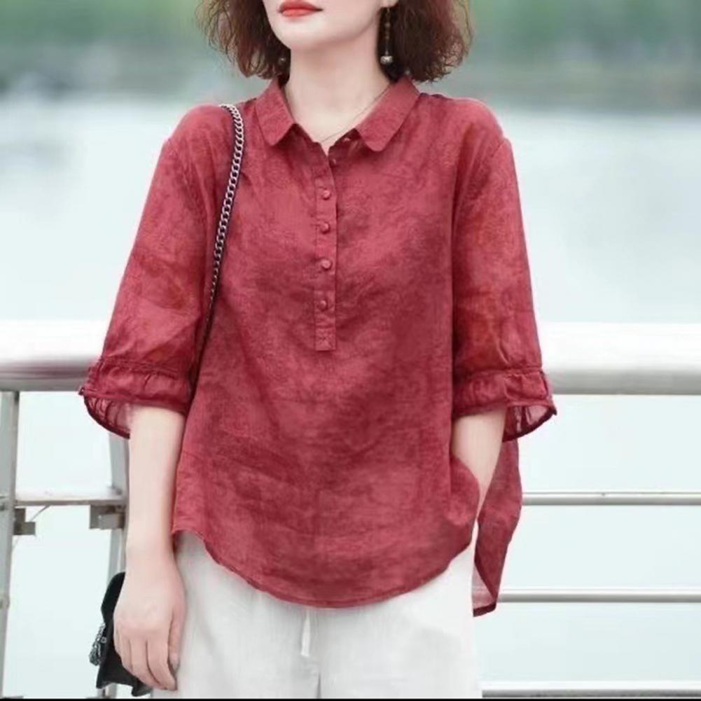 Women's Shirt Half Sleeve Lapel Loose Fit Thin Shirt Tops Buttons Neckline Pullover Tops Jacquard Print Solid Color