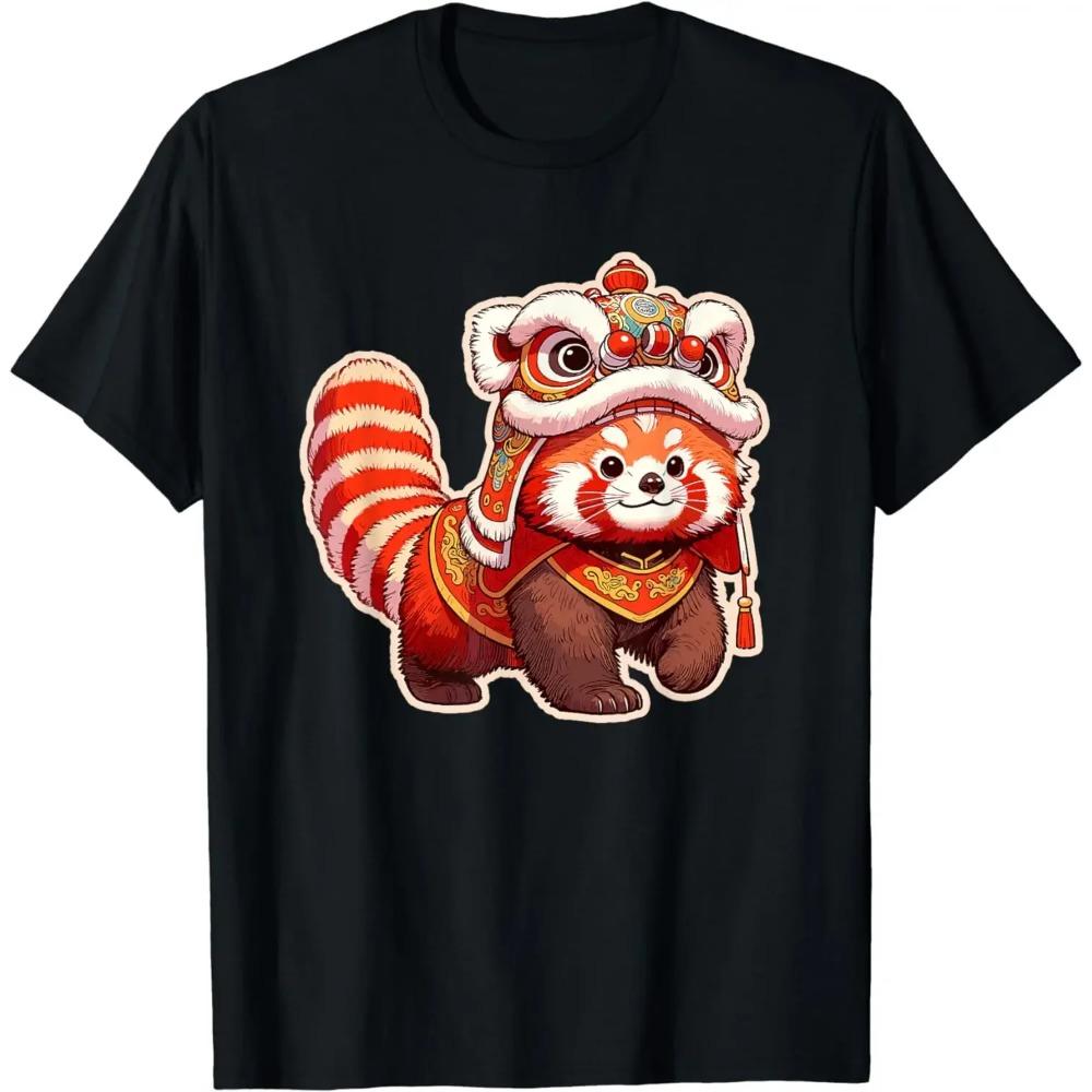 Chinese New Year Red Panda Lion Dance Lunar New Year T-Shirt  Kawaii Clothes  Graphic T Shirts  Clothing