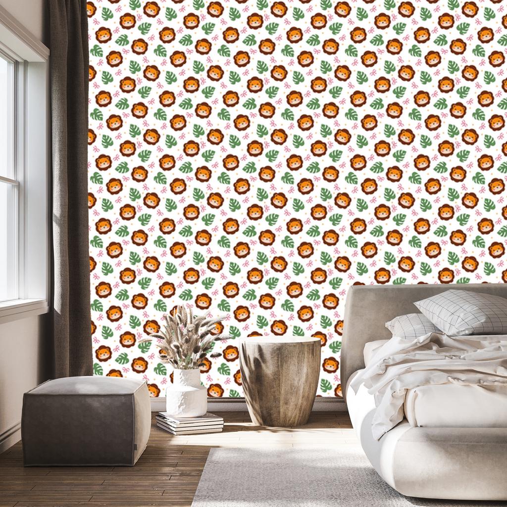 Lions Wallpaper White, Orange and Green for Living Room and Bedroom 50x1000