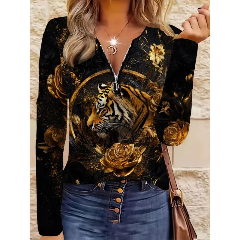 Women's 3D Tiger Rose Print T-shirt - Gold Zipper Front Gold Animal Print Long-sleeved Top Round Neck Casual Formal Two-wear All-over Printed Top