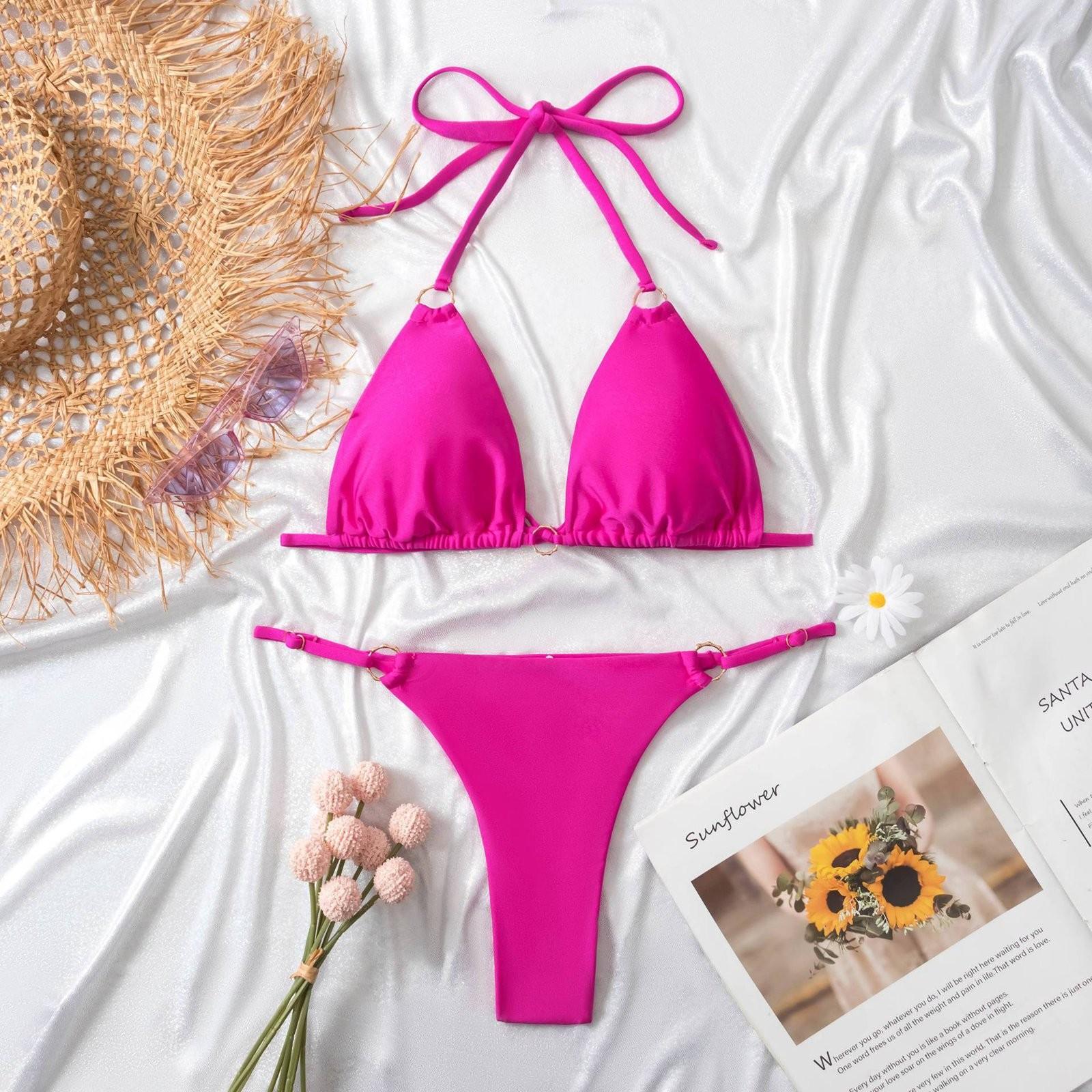 Sexy Swimsuits Women s Swimwear Bikinis Push Up Women s Elegant Monochrome Two Piece Sexy Bikinis Sets Swimwear Print Beachwear S горячий розовый