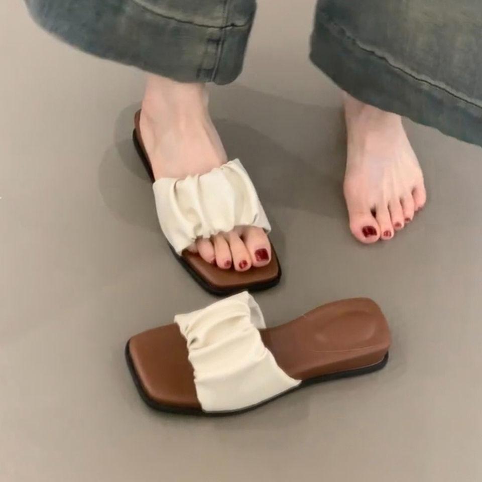 

Beautiful temperament fairy style square head pleated open toes super versatile one-word slippers female slope heel soft bottom comfortable slippers 40