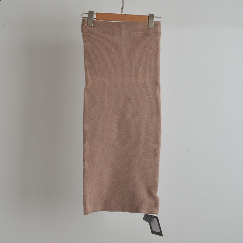 

Spring & Fall New Arrival Pure Color Minimalist Elastic Stretch High Waist Knit Sweater Skirt Women s Clothing Silm Slimming Midi Dress Khakis All yards