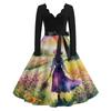 Women's Retro Long Sleeve V-Neck Halloween Witch Print Party Dress