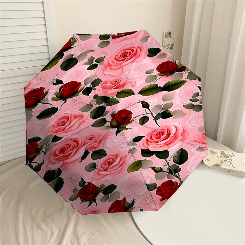 

1PC Rose Floral Automatic Open/Close Umbrella with Windproof, 8-Rib Sturdy Canopy, Durable Ribs, Fashionable Design,1282a